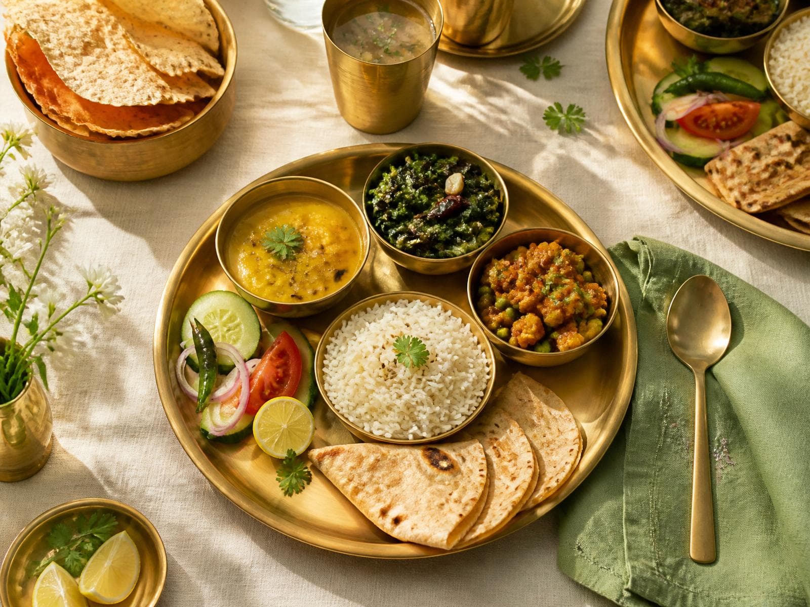 Fresh corporate lunch thali served in brass plates by JSK Kitchen, Gurgaon