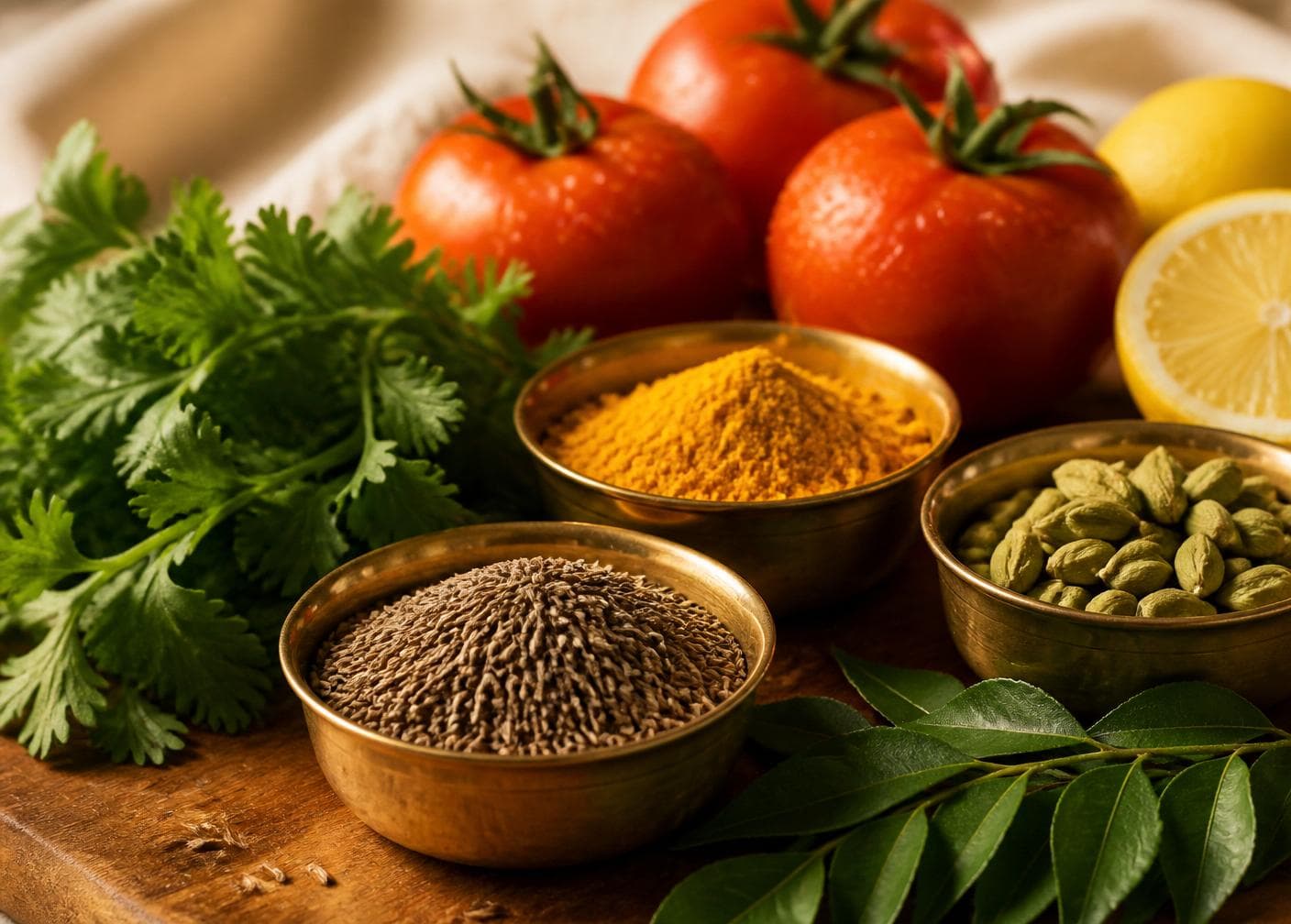 Fresh spices and ingredients on wooden board