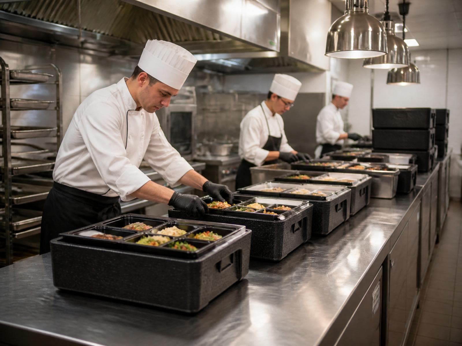 Chefs plating meals in stainless steel commercial kitchen